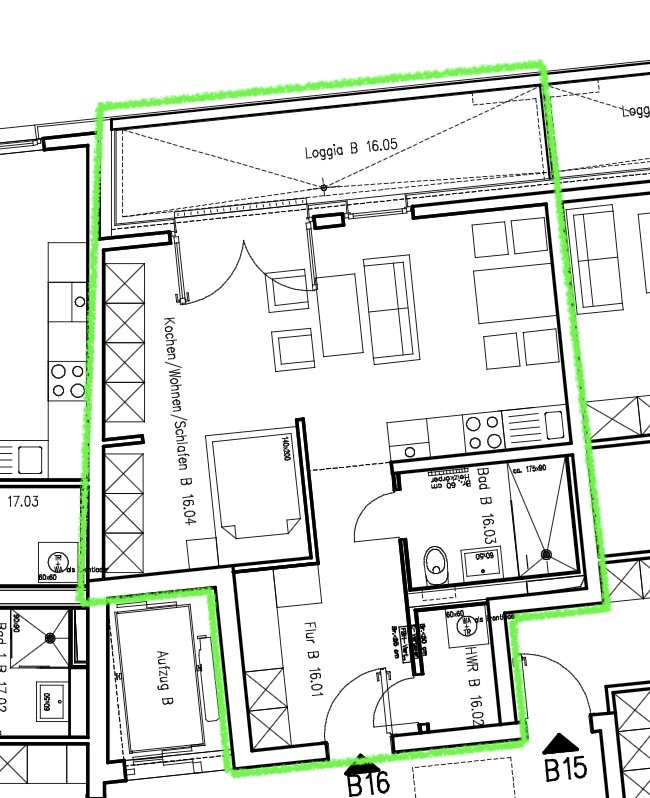 Grundriss 1,5-Zimmer-Wohnung Haus B (Regelgeschoss)