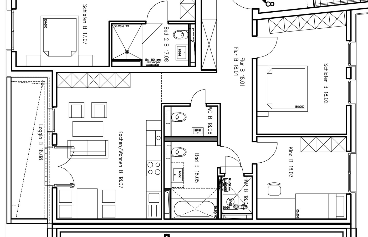 Grundriss 3-Zimmer-Wohnung Haus B links (Regelgeschoss)