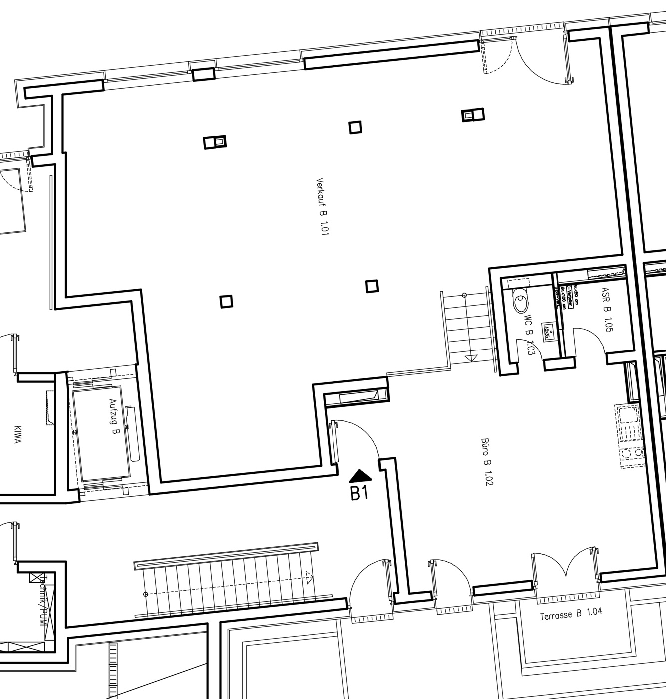 Grundriss Gewerbefläche B1 im Erdgeschoss