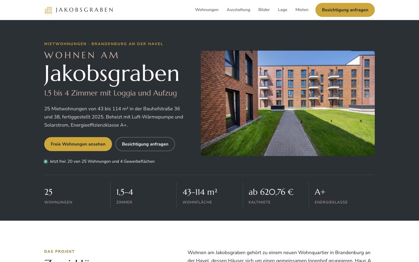 Startseite der Projektwebsite Wohnen am Jakobsgraben mit Innenhof und Eckdaten
