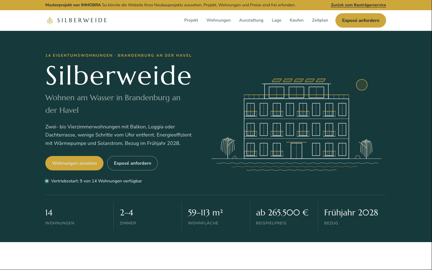 Startseite des Musterprojekts Silberweide mit Ansicht des Hauses und Eckdaten