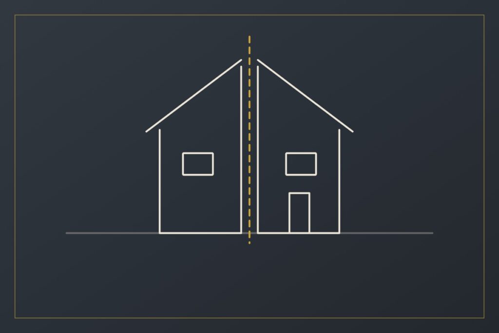 Haus in zwei Hälften mit goldener Trennlinie, Linienzeichnung