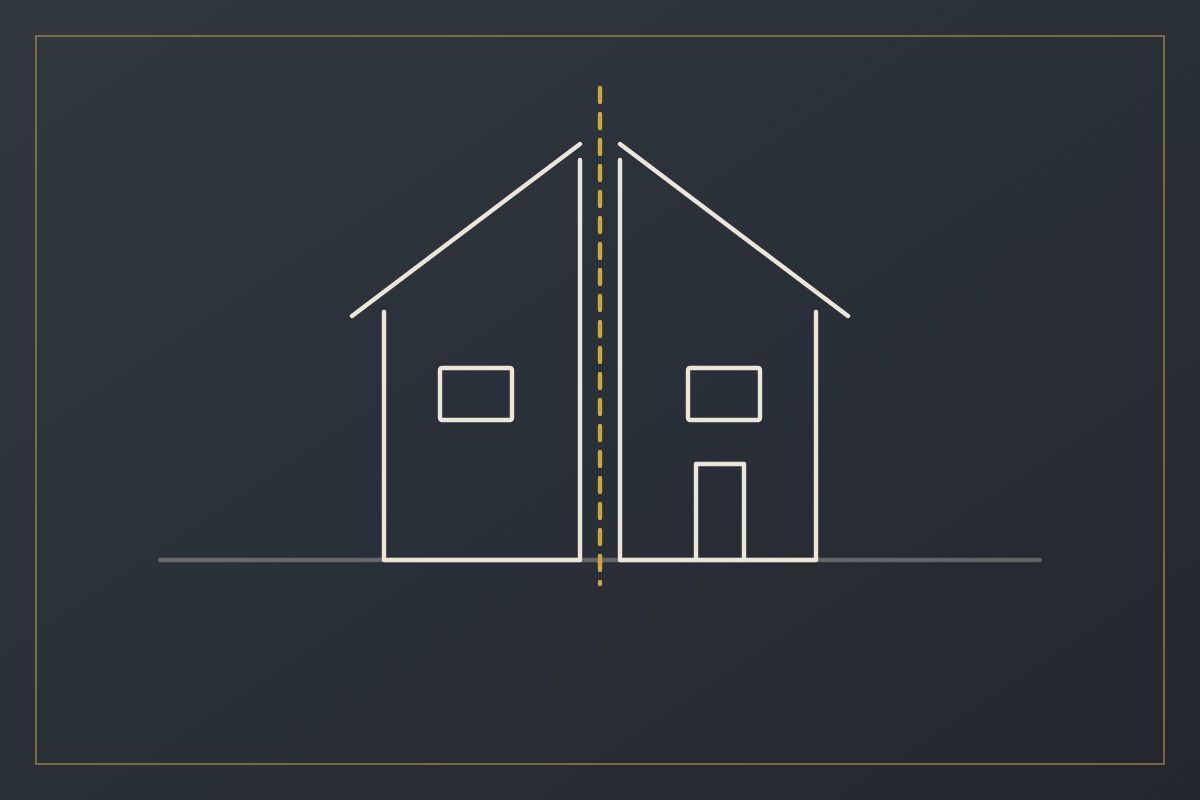Haus in zwei Hälften mit goldener Trennlinie, Linienzeichnung
